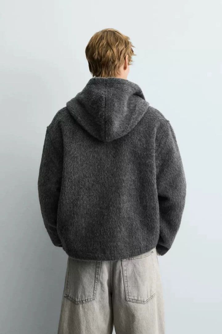 ZARA フェイクファー シャツジャケット フード付き グレー Mサイズ