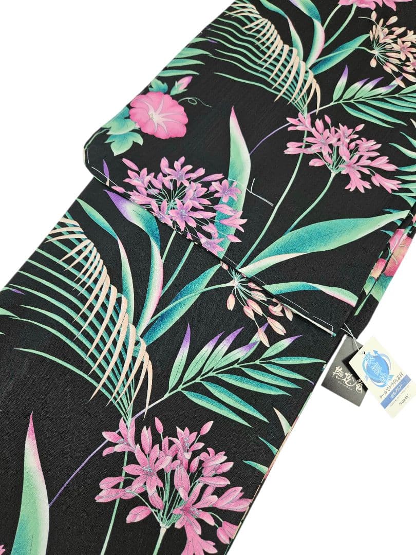 新品撫松庵プレタ浴衣セオアルファ花柄アガパンサス黒　日本製　訳あり