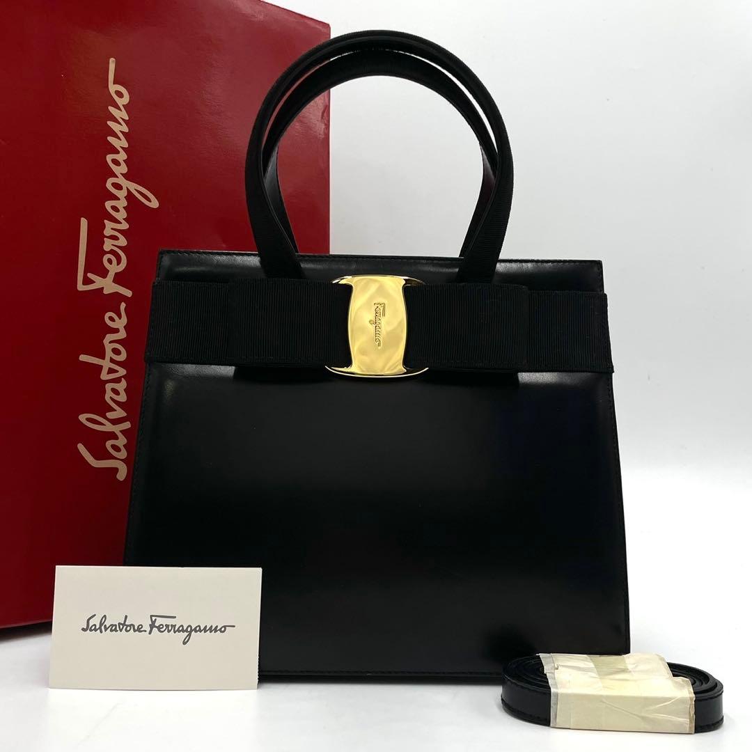 未使用級● フェラガモ 2way ハンドバッグ ヴァラリボン ブラック レザー