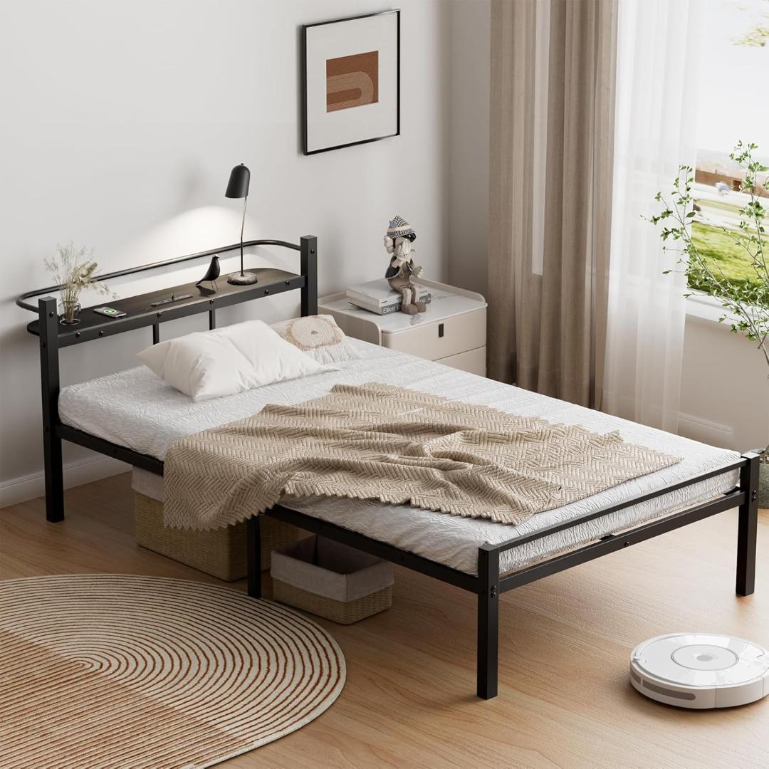 ベッドフレーム シングル ベッド 2口コンセント 耐荷重300kg ブラック