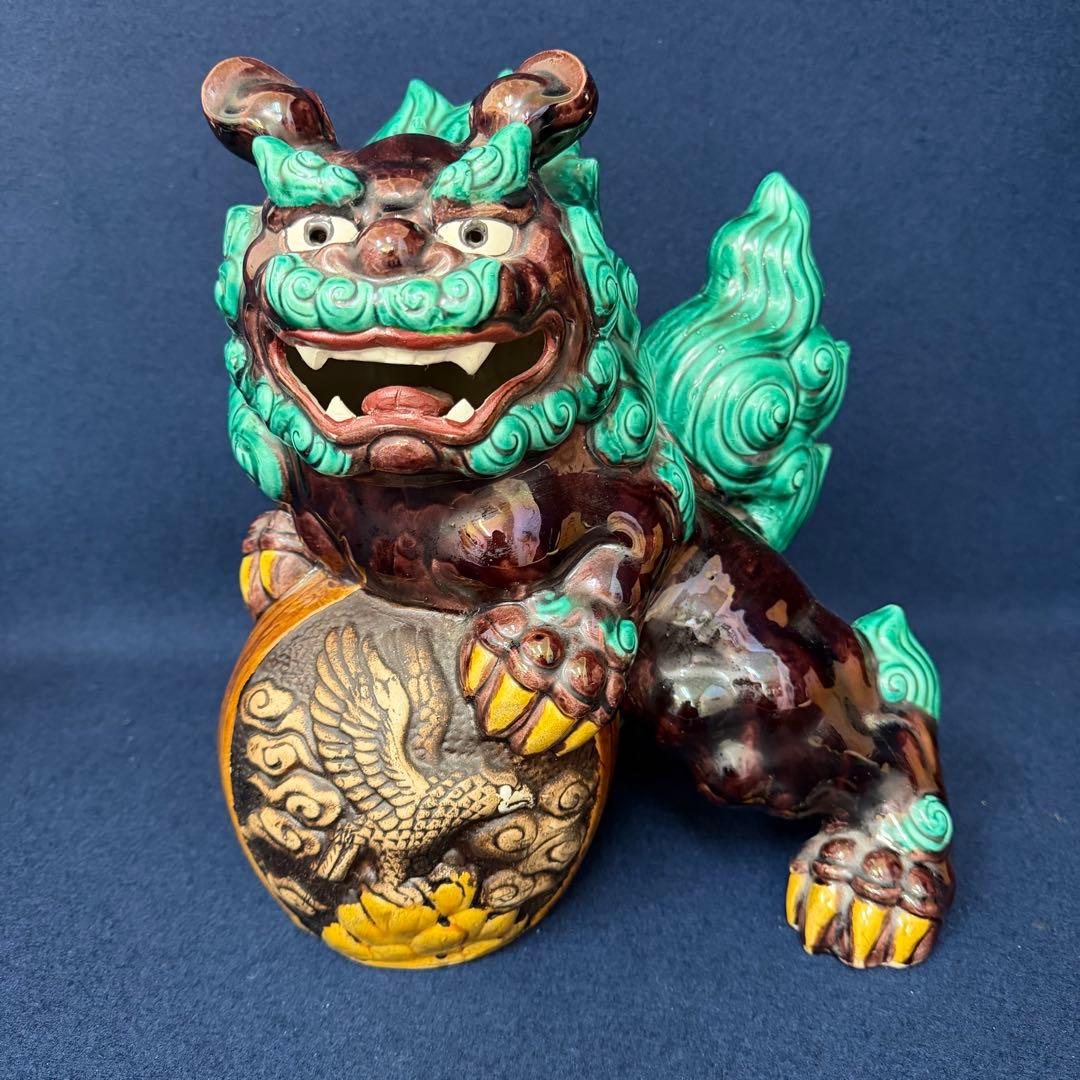 九谷焼 糠川清章 唐獅子置物 高さ約30cm玉乗り獅子 縁起物 色絵 共箱
