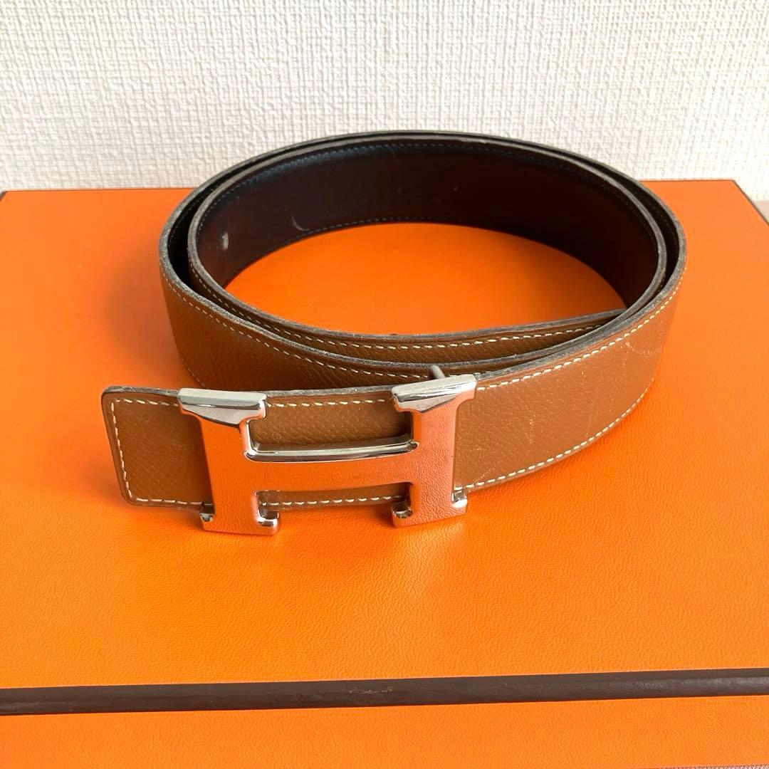 HERMES エルメスブラウンレザーベルト H型バックル　リバーシブル