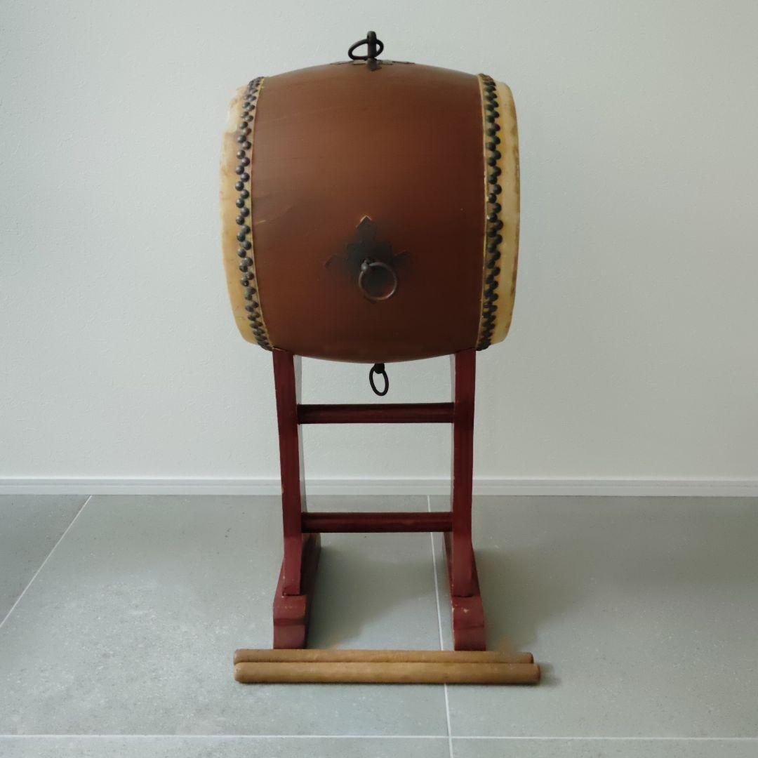 和太鼓 長胴 一尺 φ30cm 木製皮張 鉄製取手4箇所 撥 台付セット