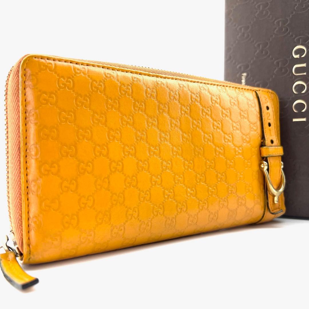 GUCCI　イエロー　GG柄　シマレザー　ホースビット　ラウンドファスナー