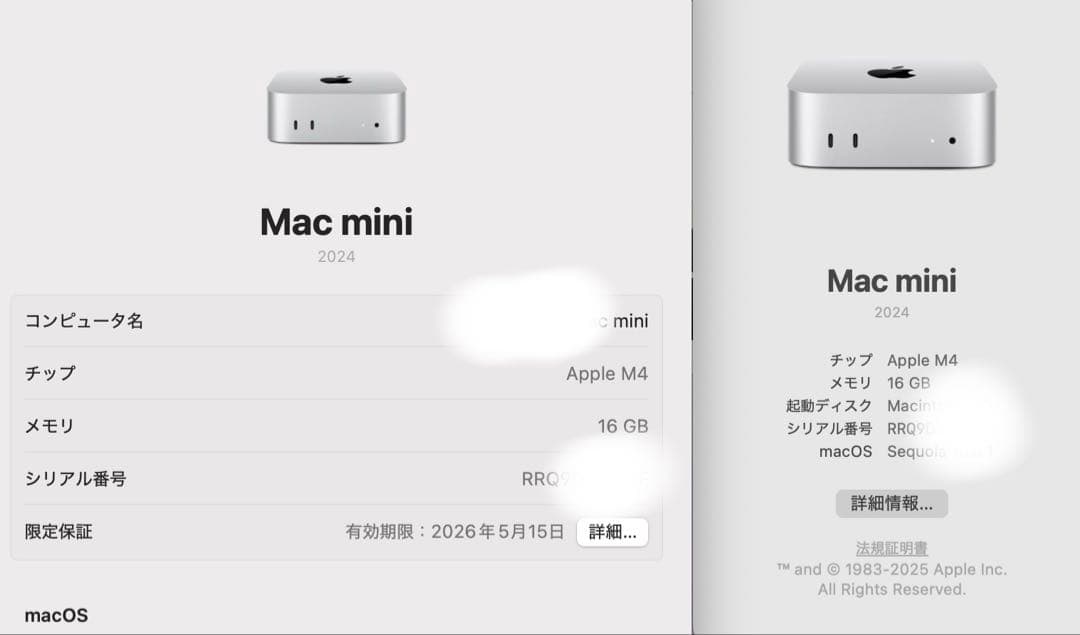 Mac mini m4 メモリ16GB SSD 256GB
