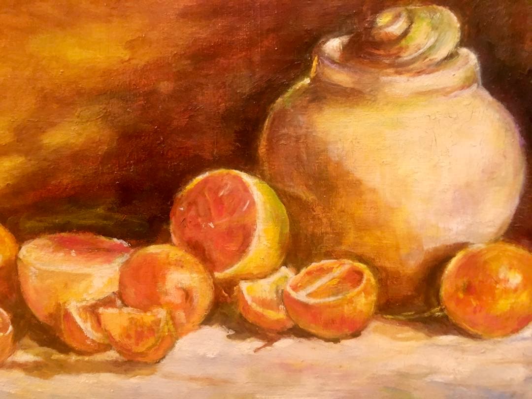 壺とオレンジ　F6 油彩画 W41センチ×H32センチ