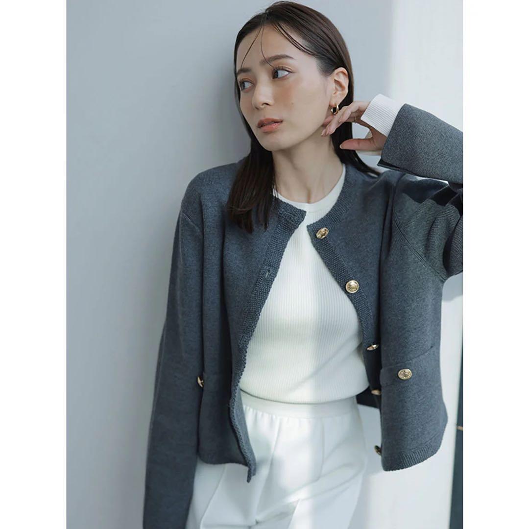 anuans オリジナルボタンノーカラーニットジャケット