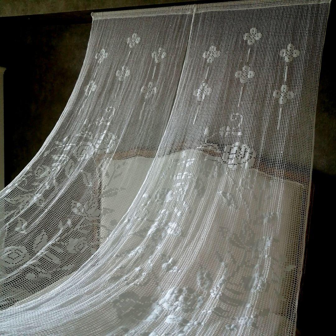 薔薇モチーフ　コットンフィレ風レース　ホワイトレースカーテン　2枚　 H235