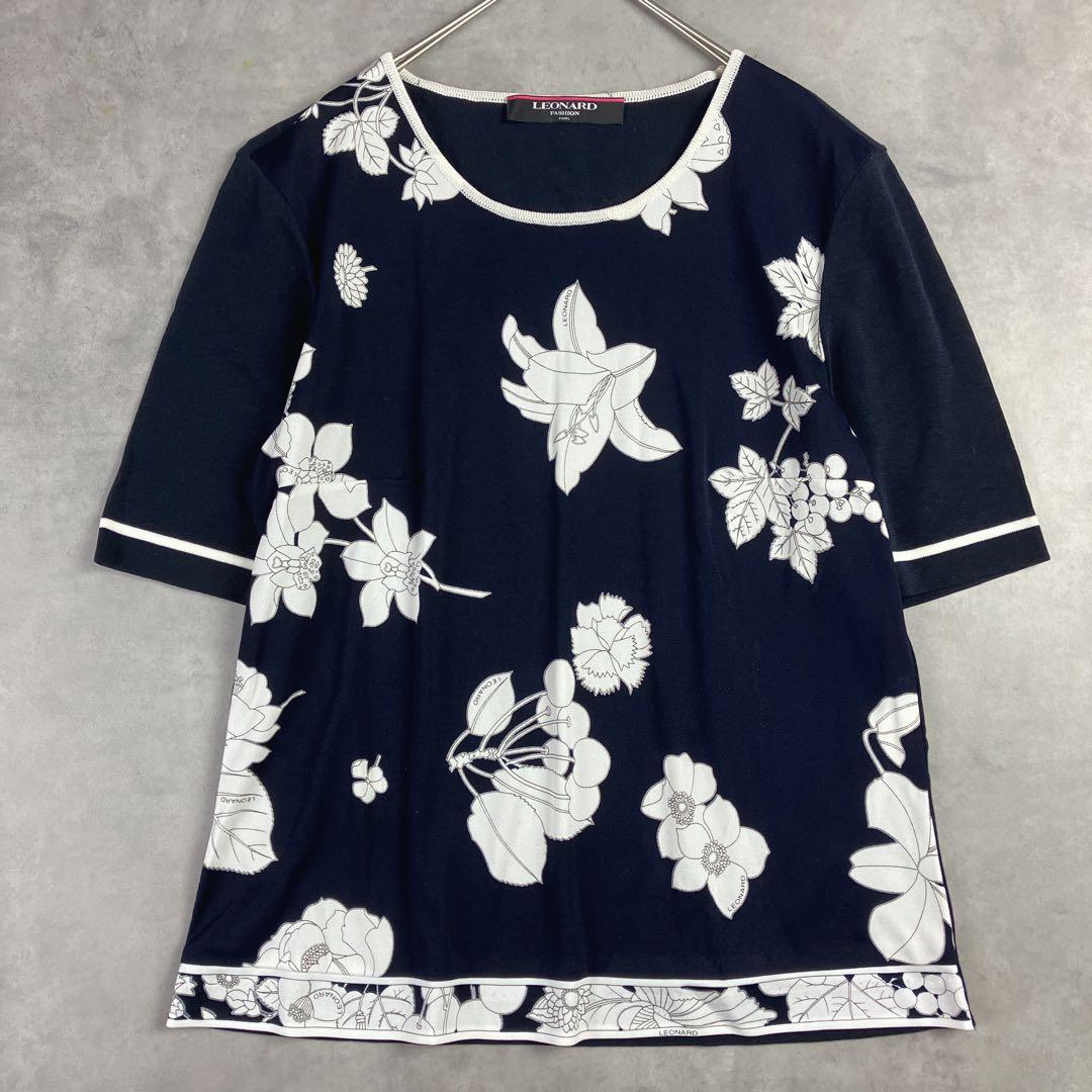 レオナール LEONARD 花柄プルオーバー 濃紺 トップス ニット切替 上品