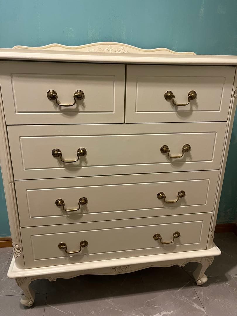 アンティーク　ホワイト家具木製チェスト 5段　ロココ調