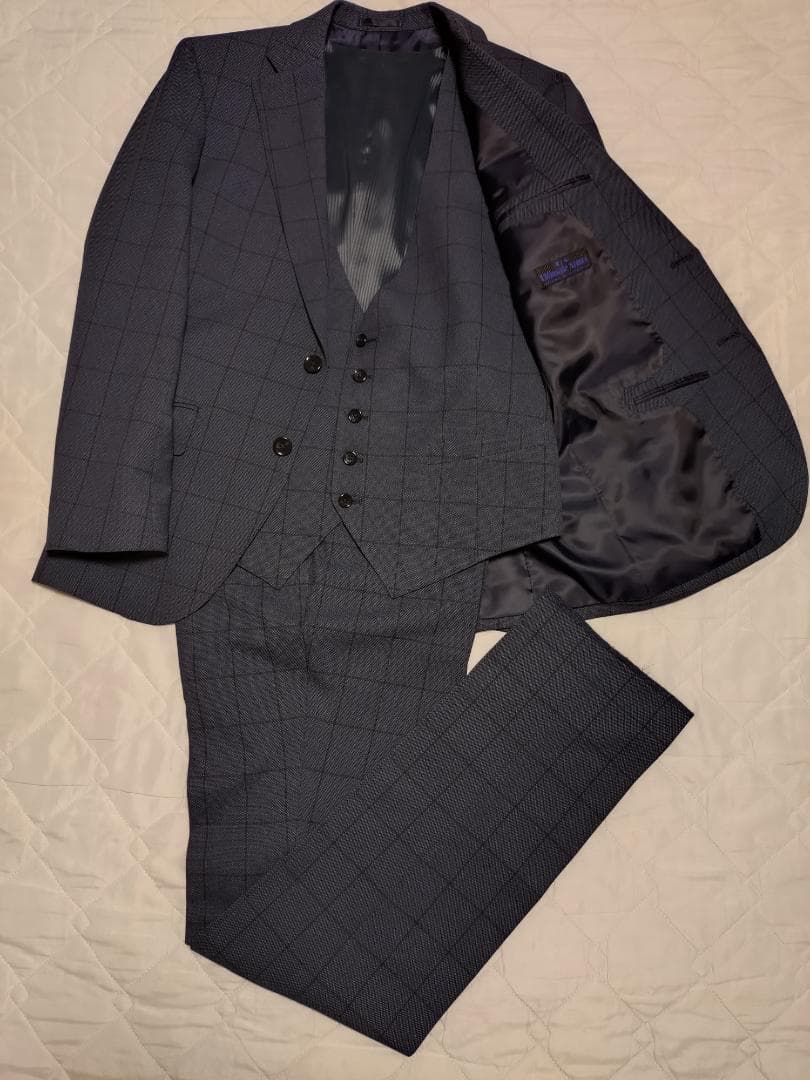 値下げ【未使用級】3ピース スリムスーツ ブルー ウィンドペン チェック AB5