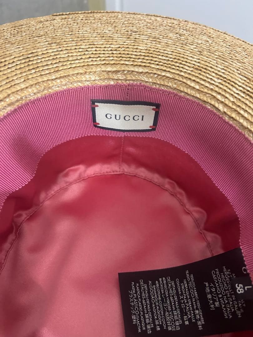 【中古美品】Gucciグッチ 麦わら帽子 ホワイトパール装飾GGロゴ