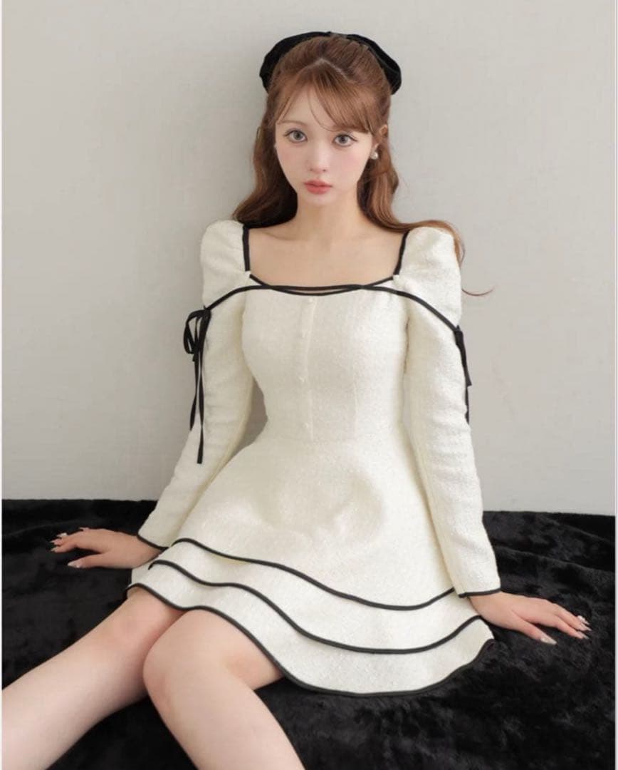 ワンピース Mme eme Ribbon trim tweed mini onepiece