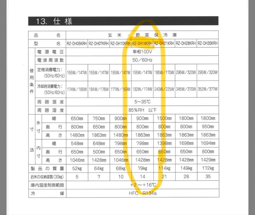 玄米野菜保冷庫　RZ-DH14KRH