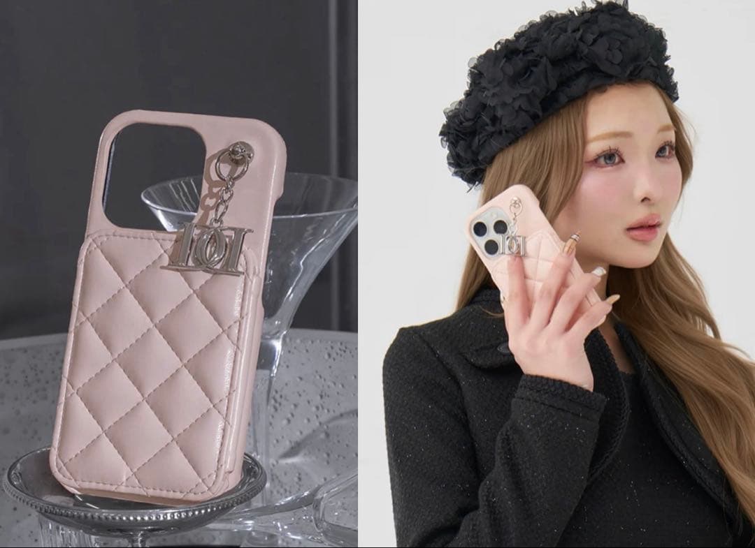 ダーリッチ キルティングビジューDDチャームiPhone16ケース PNK