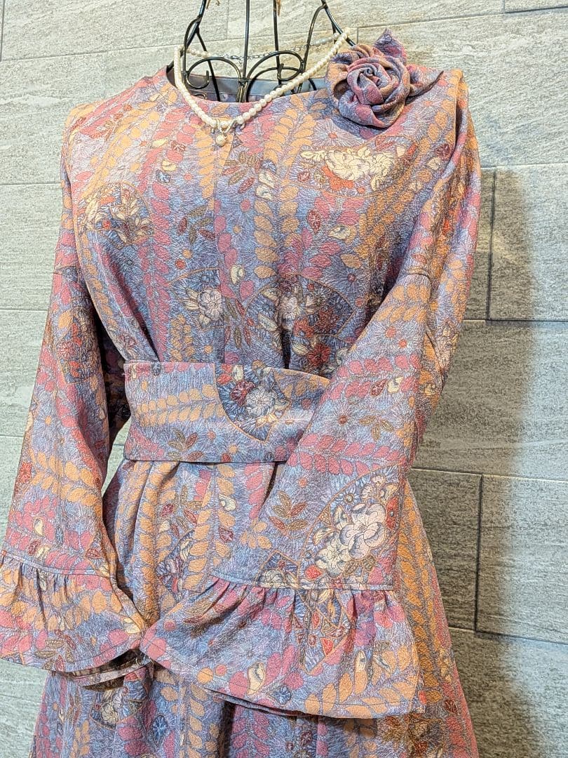 A258着物リメイク辻が花柄Aラインワンピース★リボン・ブローチ