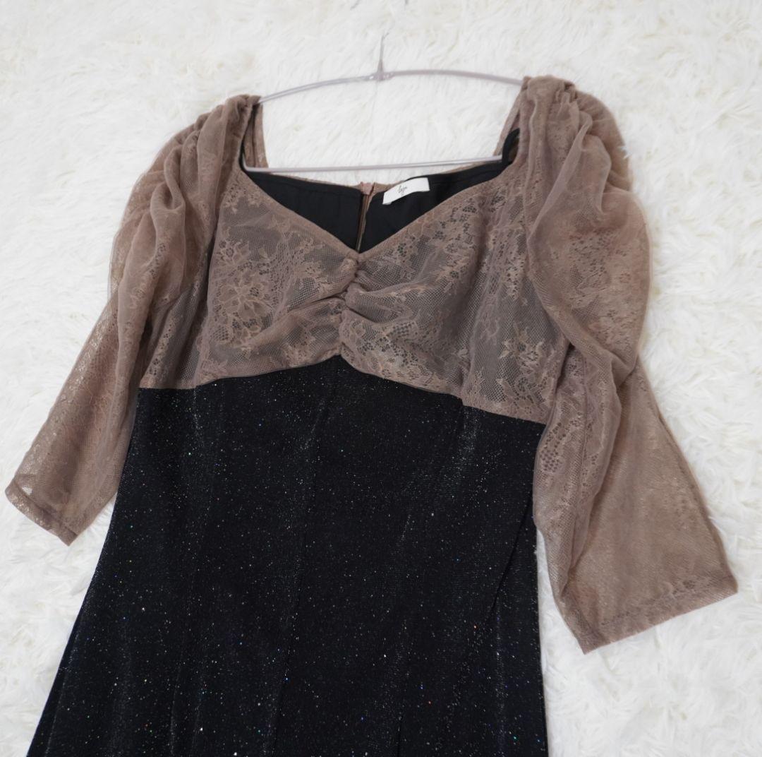 Leja　レース切替透けキラキラAラインロングドレスワンピース　美脚効果　結婚式