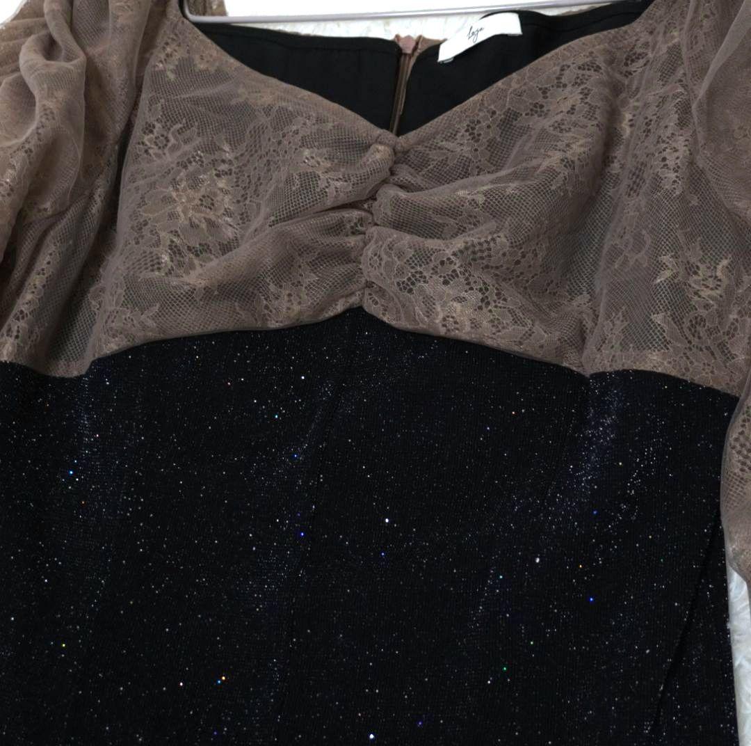 Leja　レース切替透けキラキラAラインロングドレスワンピース　美脚効果　結婚式