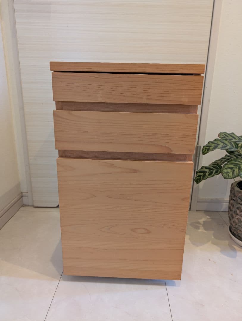 【送料込】キシル　無垢天然木　ヒノキ　キャスター付きワゴン　サイドワゴン