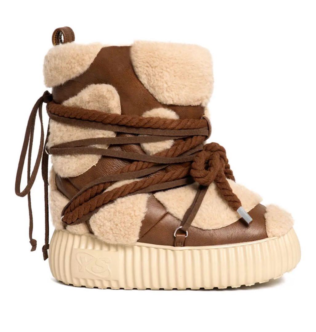 YELLO ブーツ　ベージュ/ブラウン レースアップ ムートンブーツ