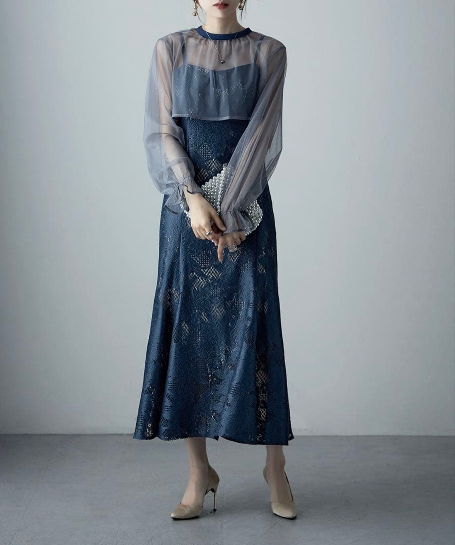 美品★3wayシフォンボレロ&レースキャミドレス／S／グレイッシュブルー・アビス