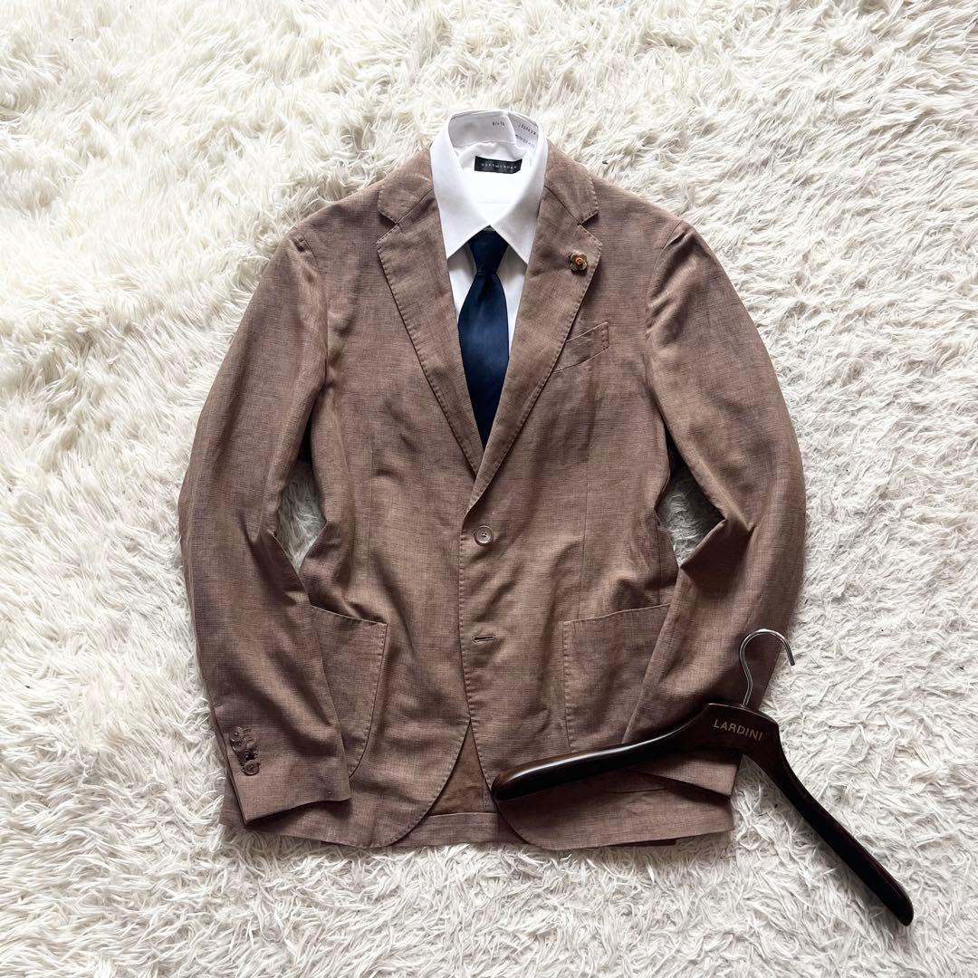 <美品>LARDINI 新ロゴ ブラウン 春夏 リネン テンセル ジャケット48