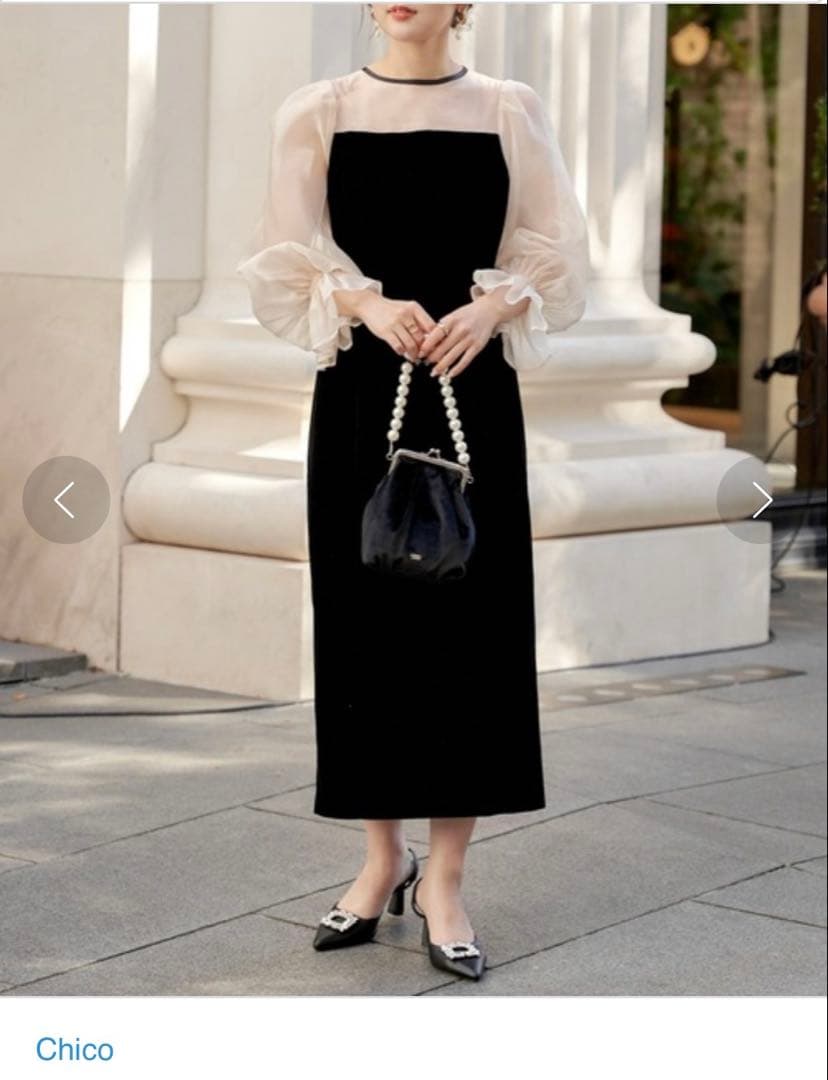 Chico 配色シースルータイトロングドレス　黒