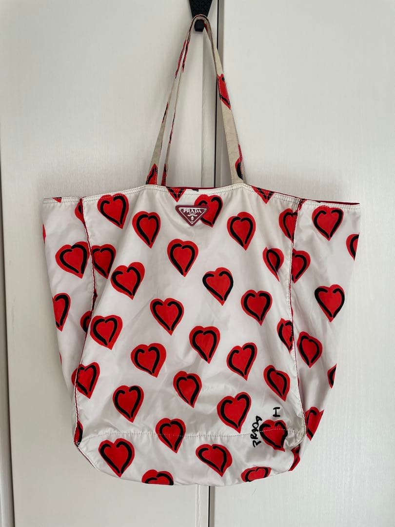 PRADA プラダ ハート柄 エコバッグ ホワイト/レッド ショルダーバッグ