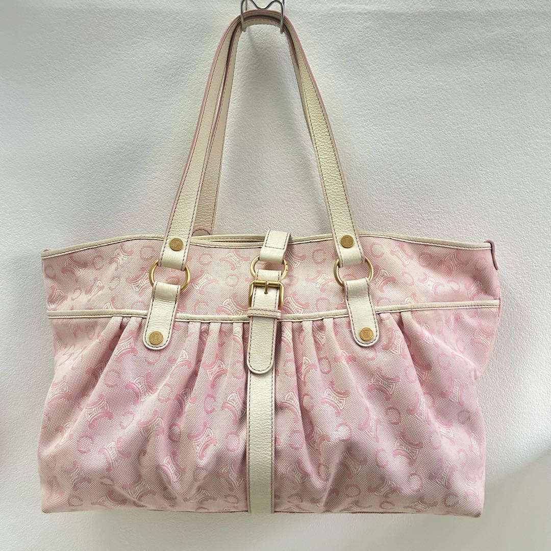 セリーヌ CELINE リリーCマカダムピンクキャンバス レザーハンドバッグ
