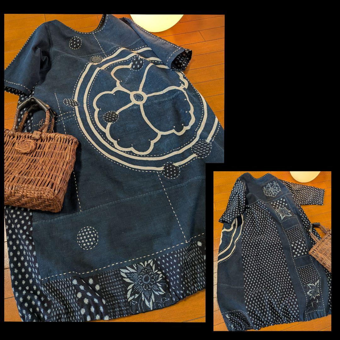 藍染家紋風呂敷♥古布リメイクワンピース　フォーウェイタイプ