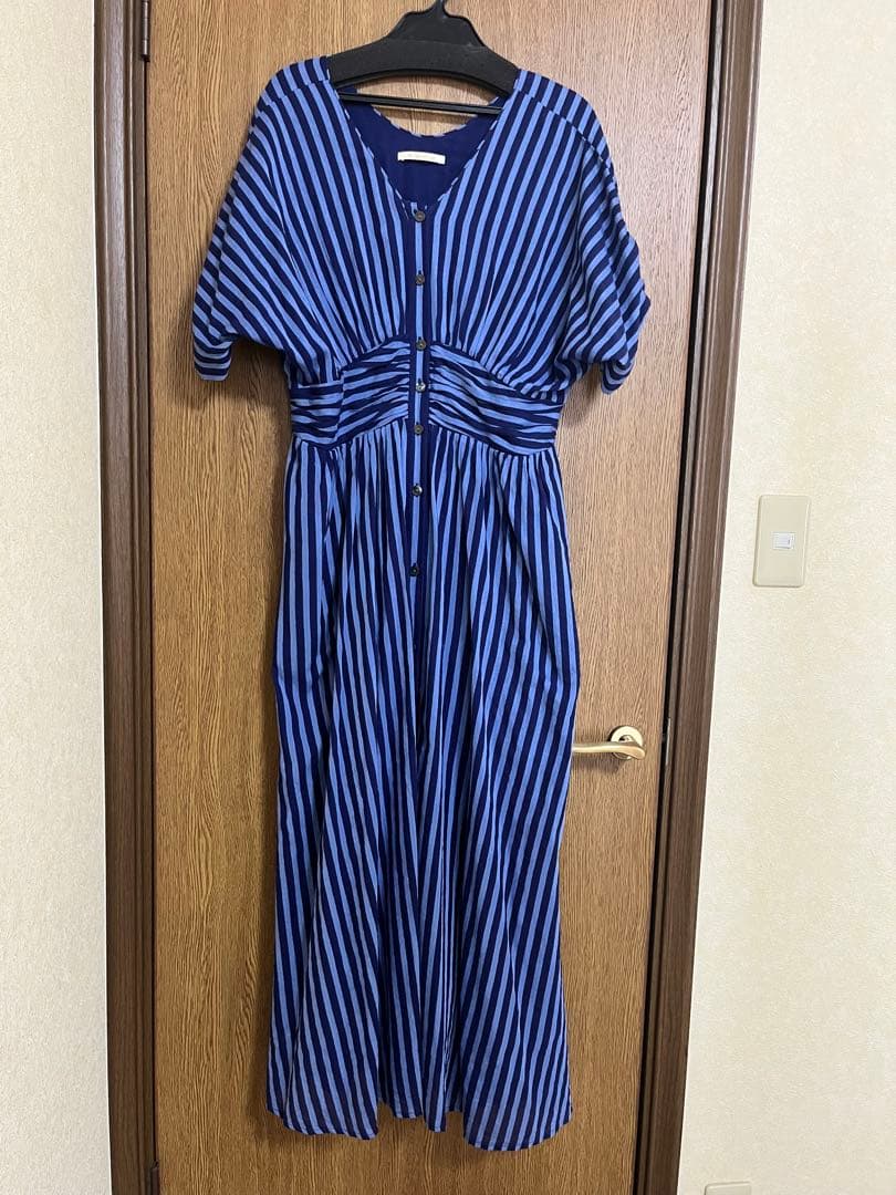 ヌキテパ コットンボイルストライプギャザードレス　ネイビー×ブルー　完売品