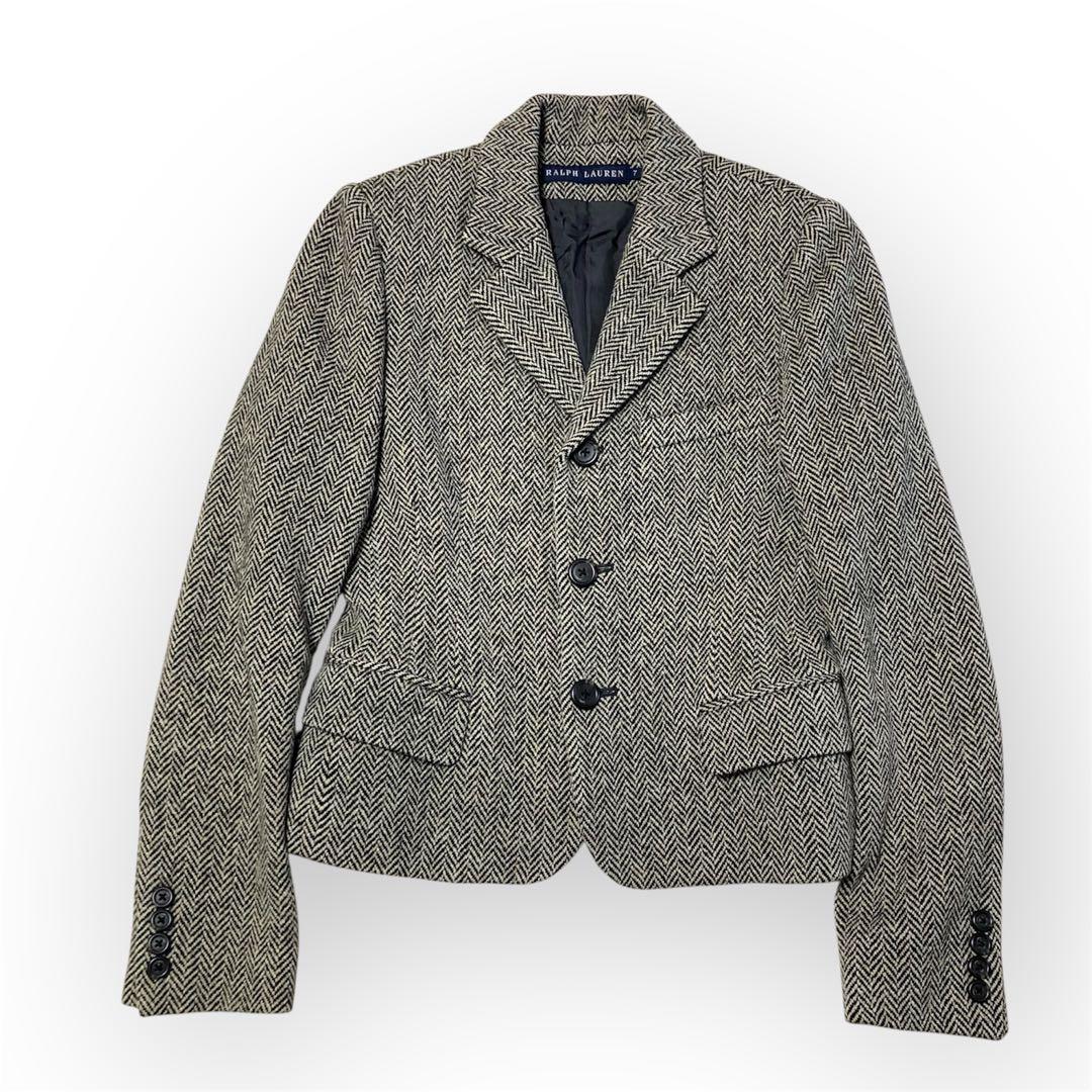 美品 ラルフローレン ヘリンボーン カシミヤツイード テーラードジャケット 黒