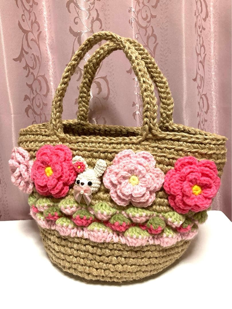 ♥️手編み♥️麻紐バッグ♥️麻紐ニットバッグ♥️いちごバッグ♥️カゴバッグ♥️