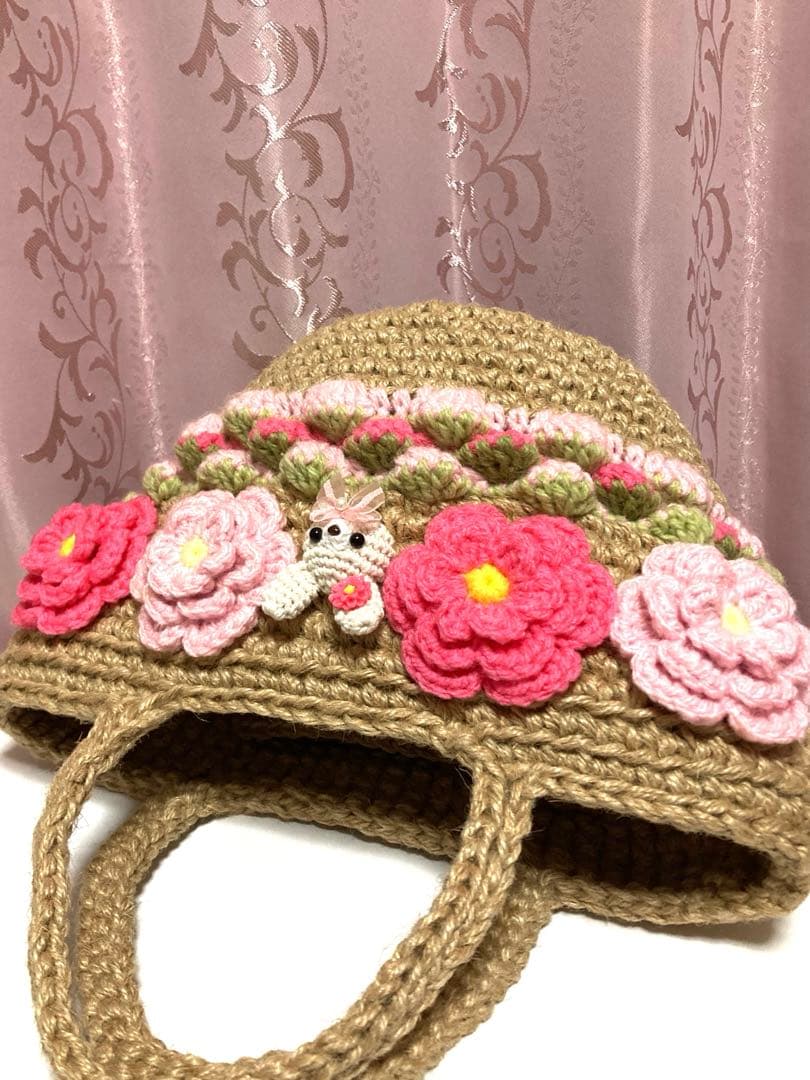 ♥️手編み♥️麻紐バッグ♥️麻紐ニットバッグ♥️いちごバッグ♥️カゴバッグ♥️