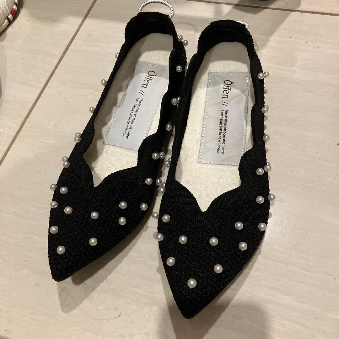 オッフェンOffen黒スカラップパールフラットシューズ【サイズ37】23.5㎝