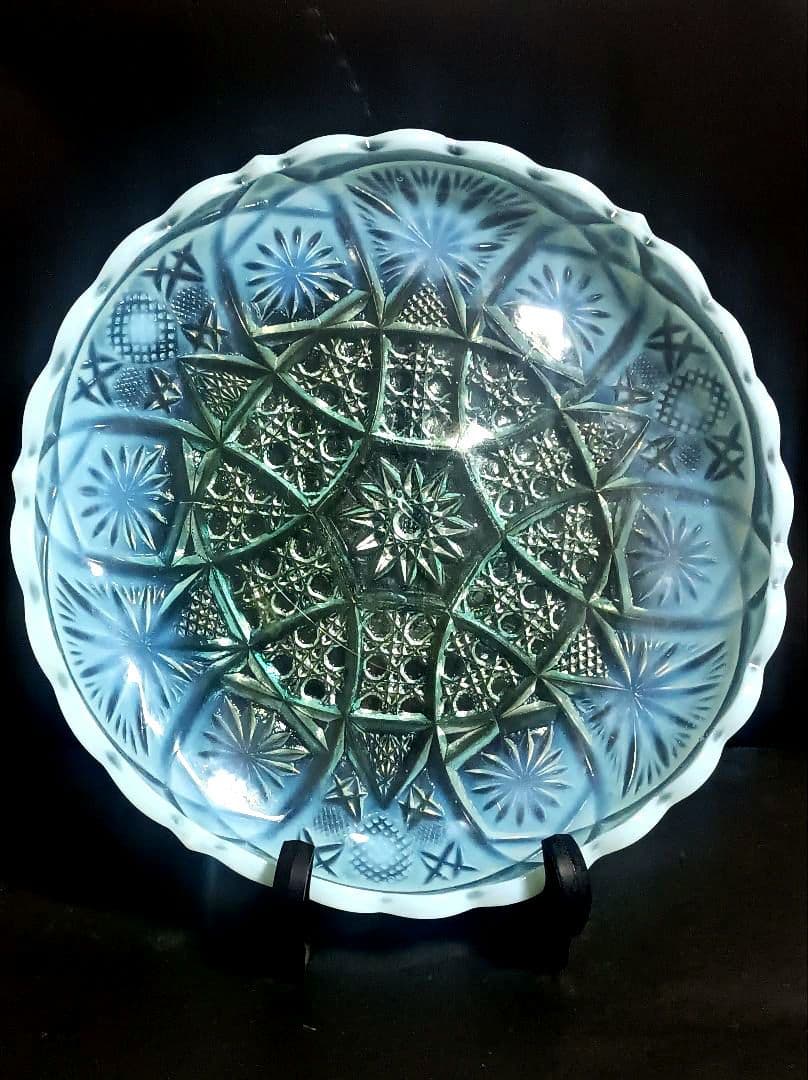 【骨董】大正ガラス 青色乳白色 時代ガラス オパールセントガラス ウラン反応