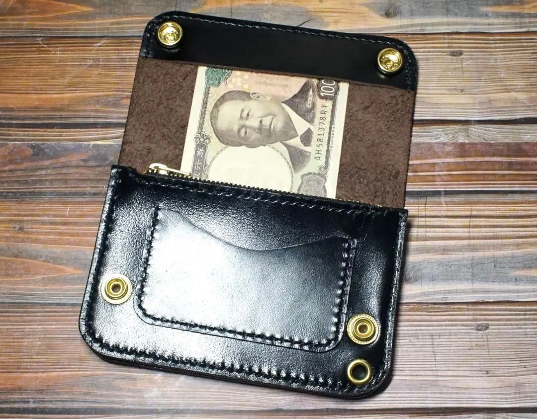 ミドルトラッカーウォレット 三層　馬革 茶芯ブラック　真鍮 トラッカーウォレット