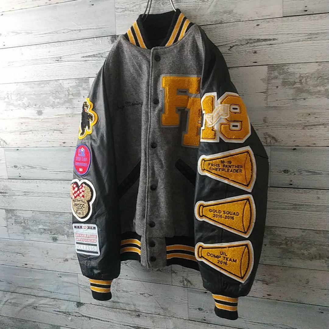 刺繍パイルワッペン 袖レザー 切替 ラインストーン ウール カレッジ スタジャン