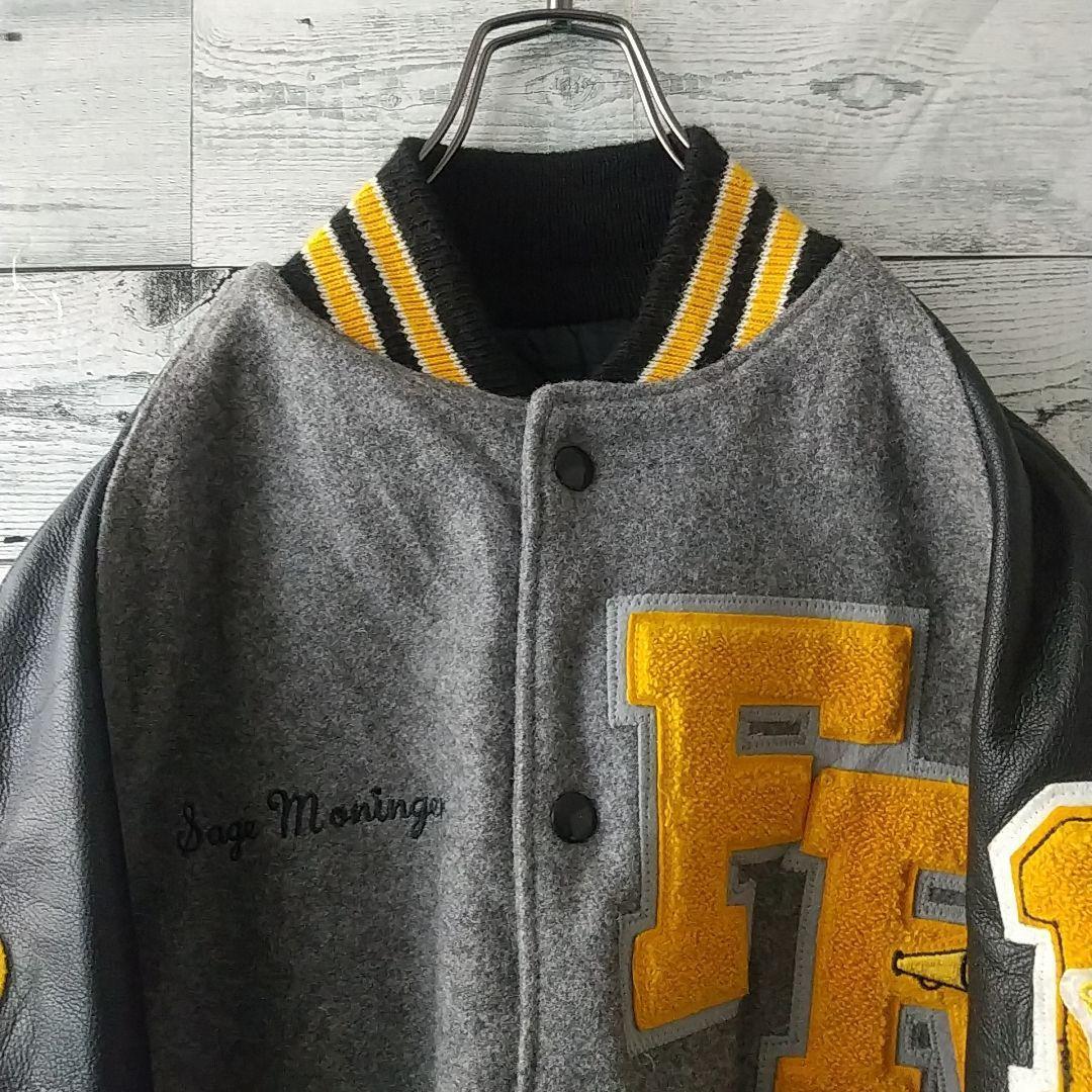 刺繍パイルワッペン 袖レザー 切替 ラインストーン ウール カレッジ スタジャン