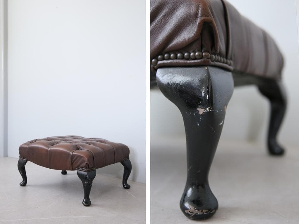 英国アンティークチェスターフィールドフットスツール/レザーオットマン(89-61
