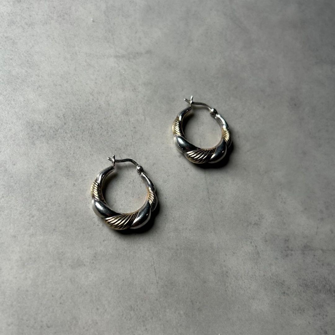 【NA】ヴィンテージ シルバー925 ねじれ フープピアス シルバー×ゴールド