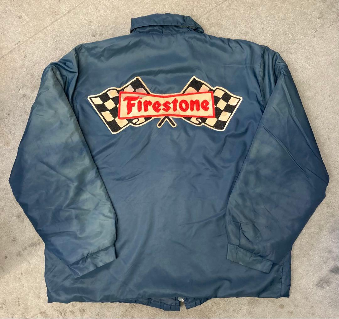 ヴィンテージ ナイロンコーチジャケット 刺繍 Firestone ネイビー
