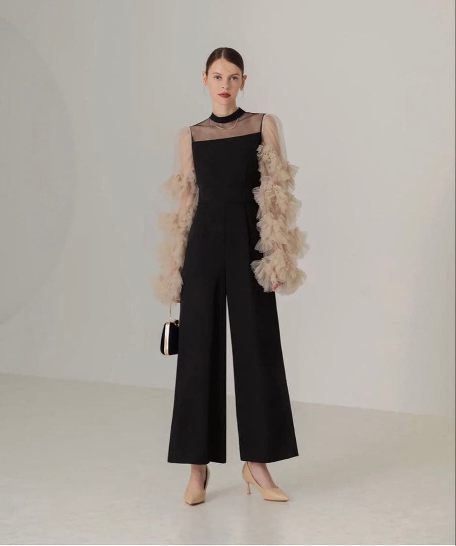 Leja ボリュームチュールスリーブオールインワンパンツドレス　ブラック　S