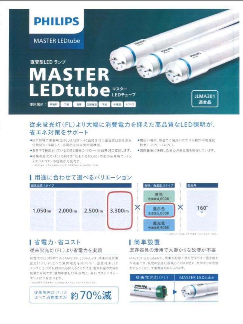 フィリップス直管型LEDランプ40型高輝度3300lm昼白色60本