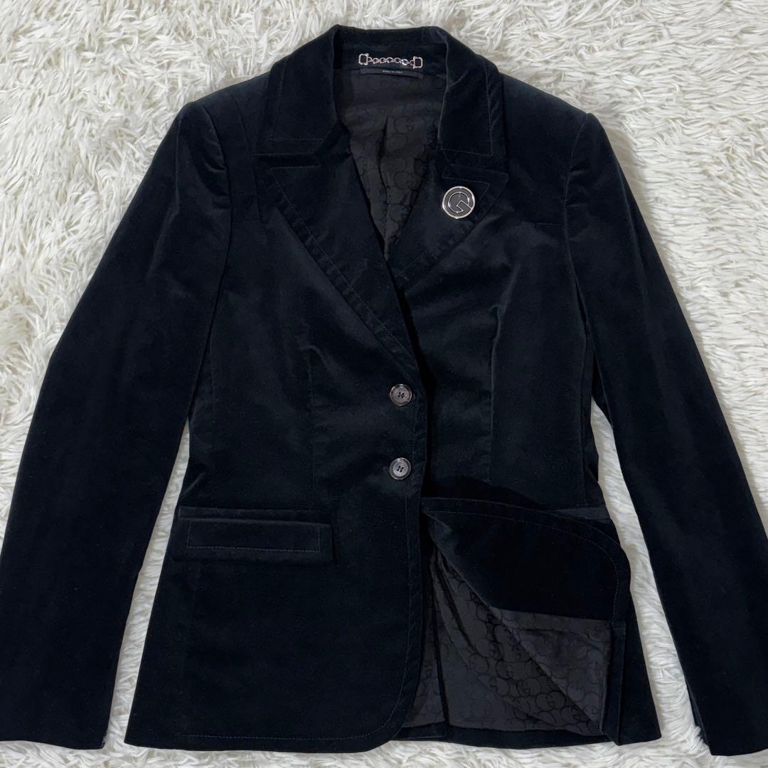 グッチ テーラードジャケット ベロア ホースビット ブラック 42