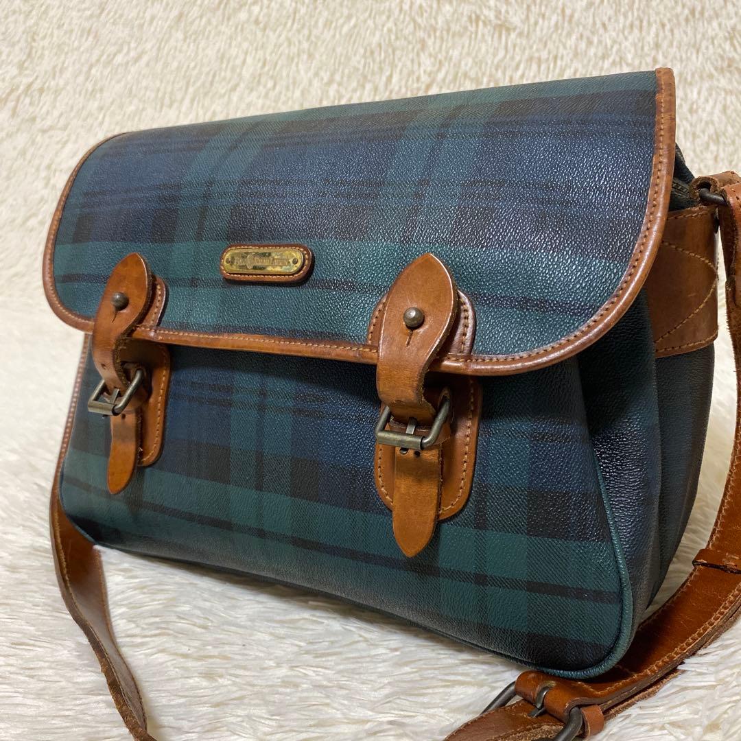 ポロ ラルフローレン メッセンジャーバッグ　グリーン　チェック　フラップ　レザー