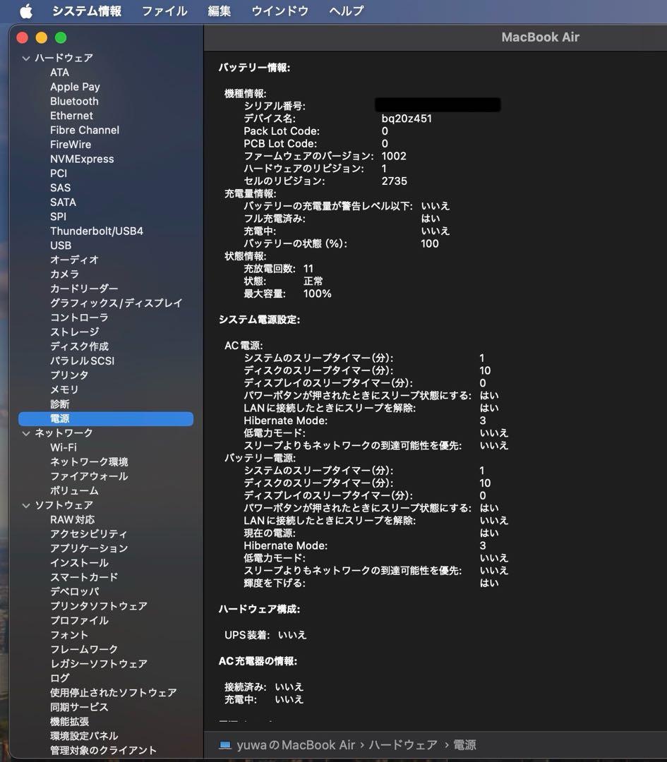 充放電11回 美品 M1 MacBook Air /16GB/256GB/US