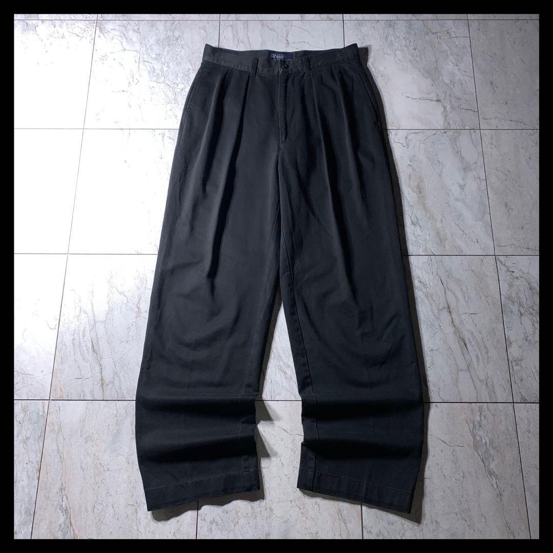 90s ラルフローレン 2タック ワイド ポロチノ パンツ ブラック W30