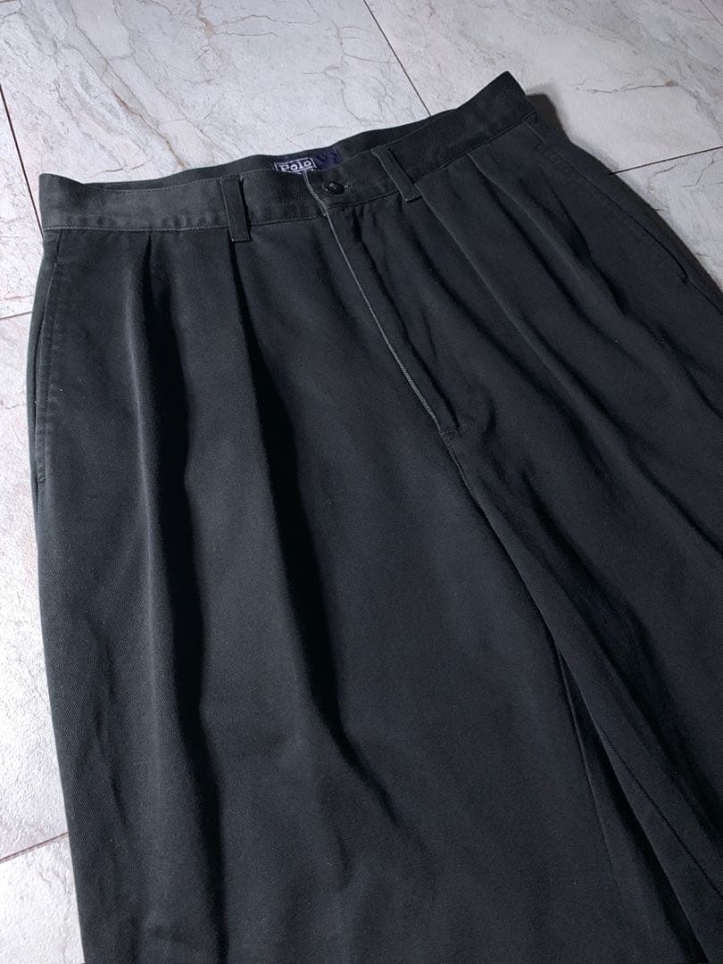 90s ラルフローレン 2タック ワイド ポロチノ パンツ ブラック W30