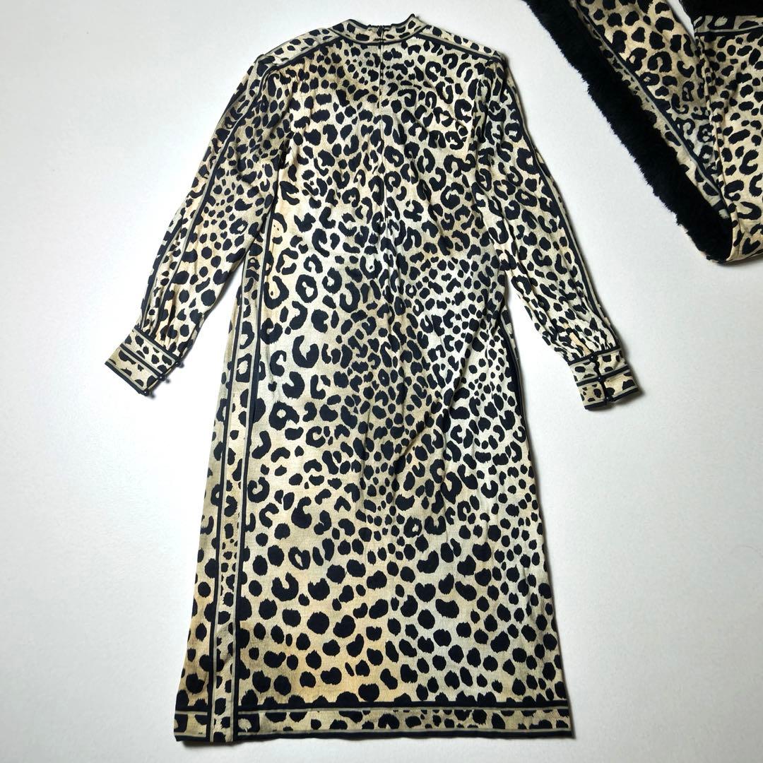 レオナール　ロングワンピース　大判ストール付き　豹柄　シルク混　ボウタイ　ベルト